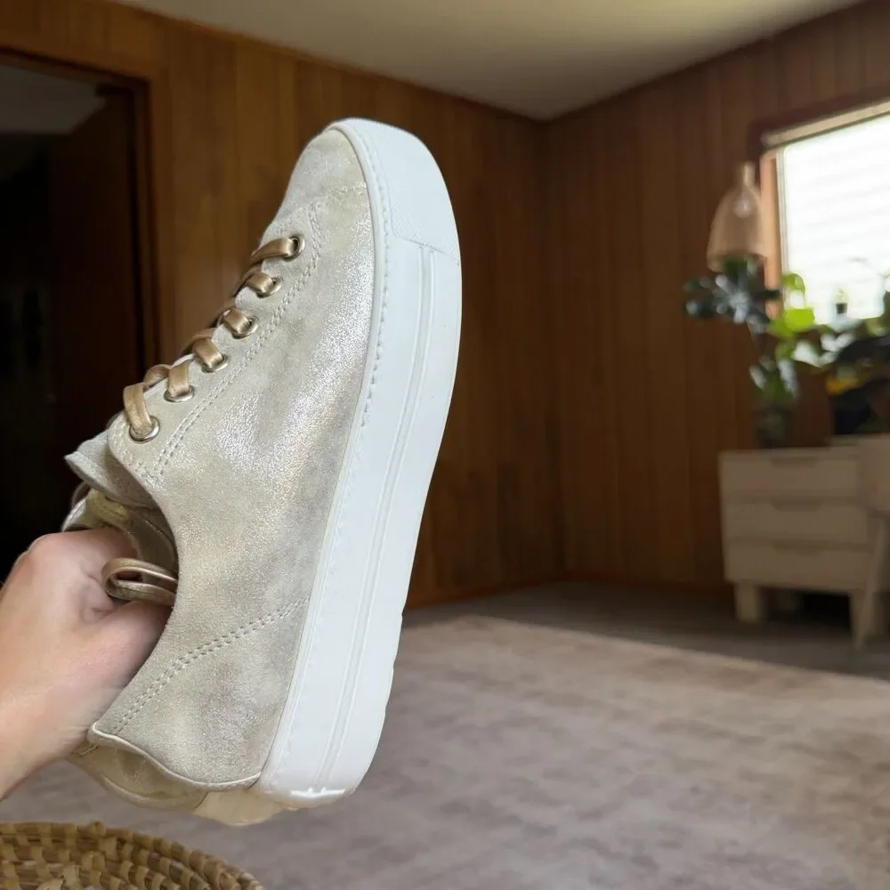 $420 Paul Green Hadley Platform Sneaker Leather Metallic Gold Beige UK 5.5 US 8